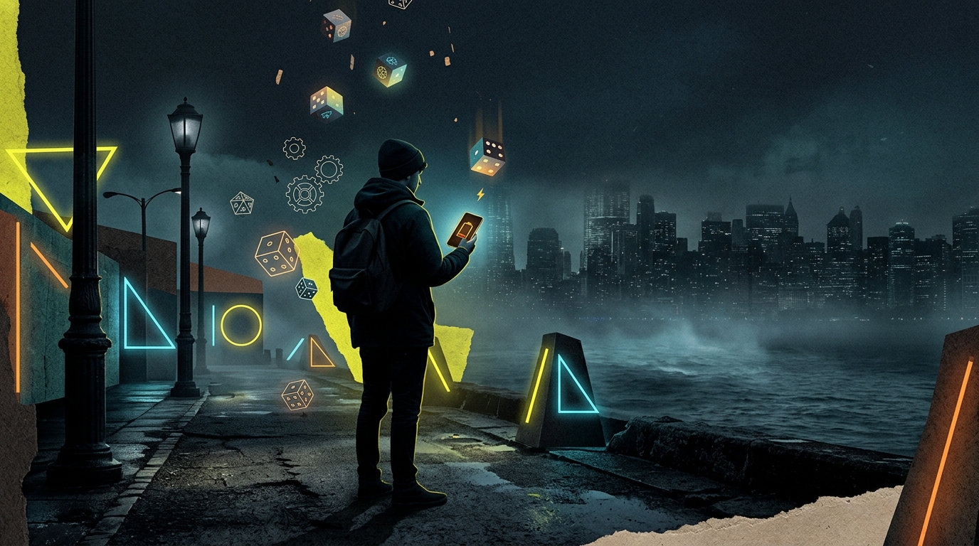 在深色夜雨海邊，一個持低電量手機的身影立於街燈下，四周浮動著幾何光影、骰子與齒輪