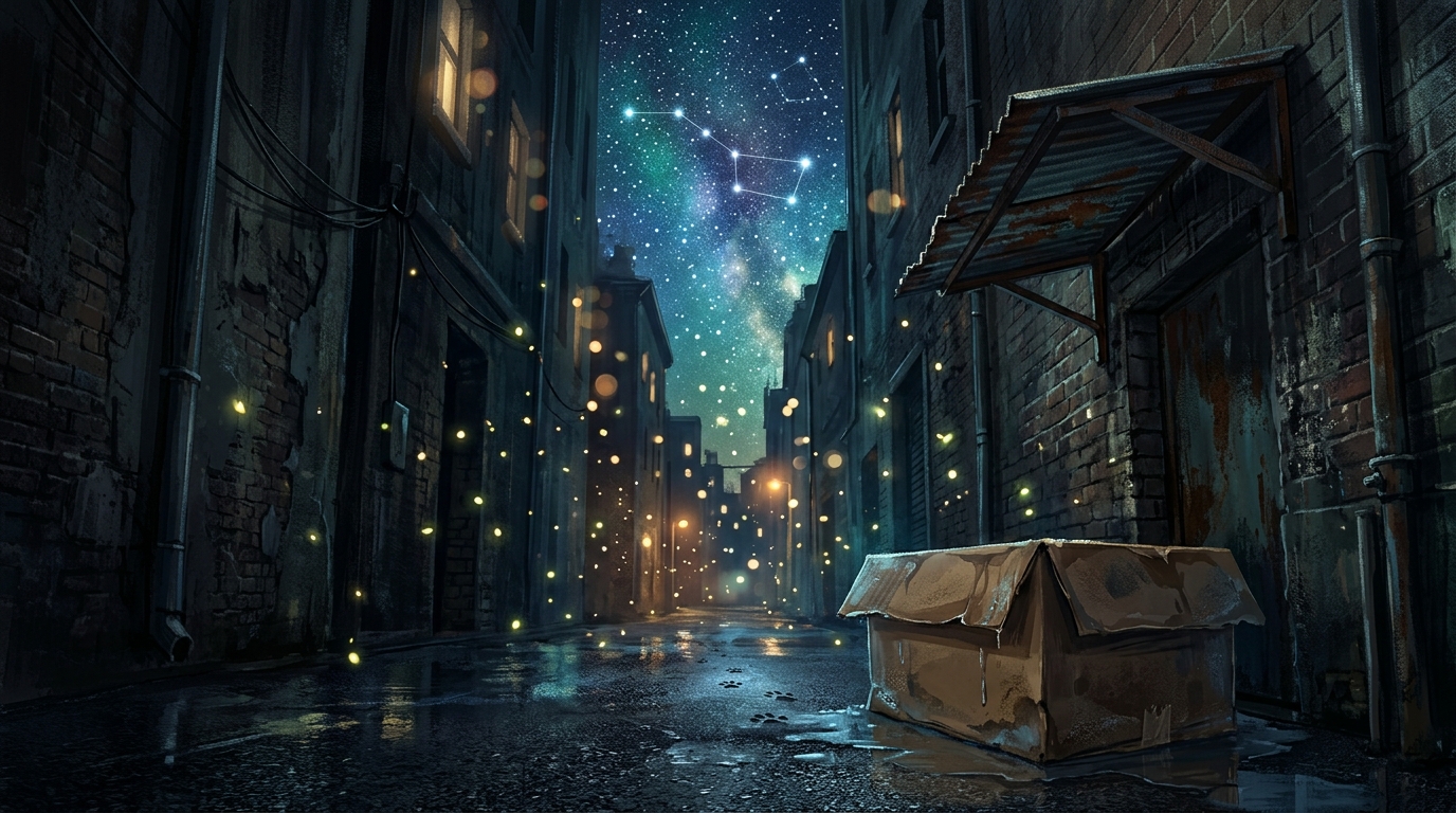 幽暗雨後的窄巷中，避雨的紙箱旁留著細小足印，微弱螢蟲星火飄浮，遠方夜空展開明亮的北斗星座